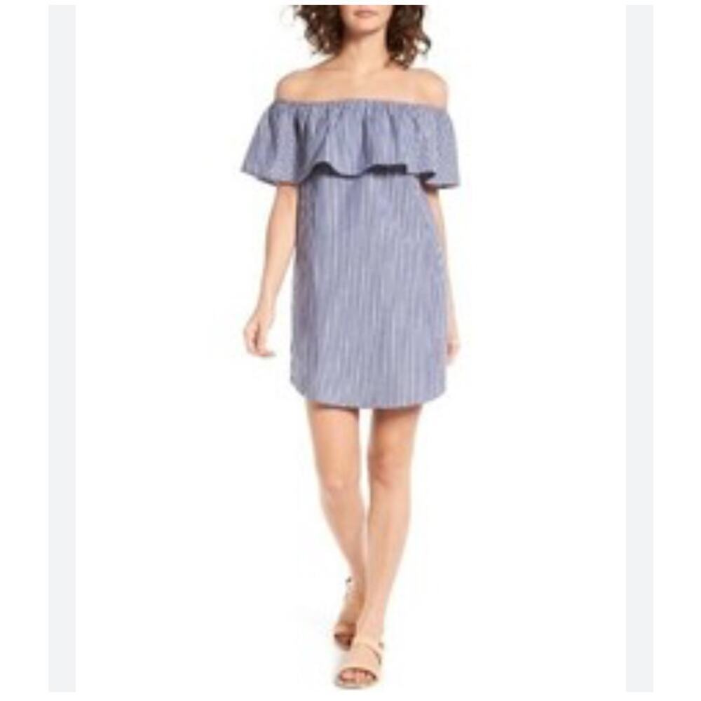 NWT Socialite Womans Stripe Off Shoulder Dress Blue White Size XS